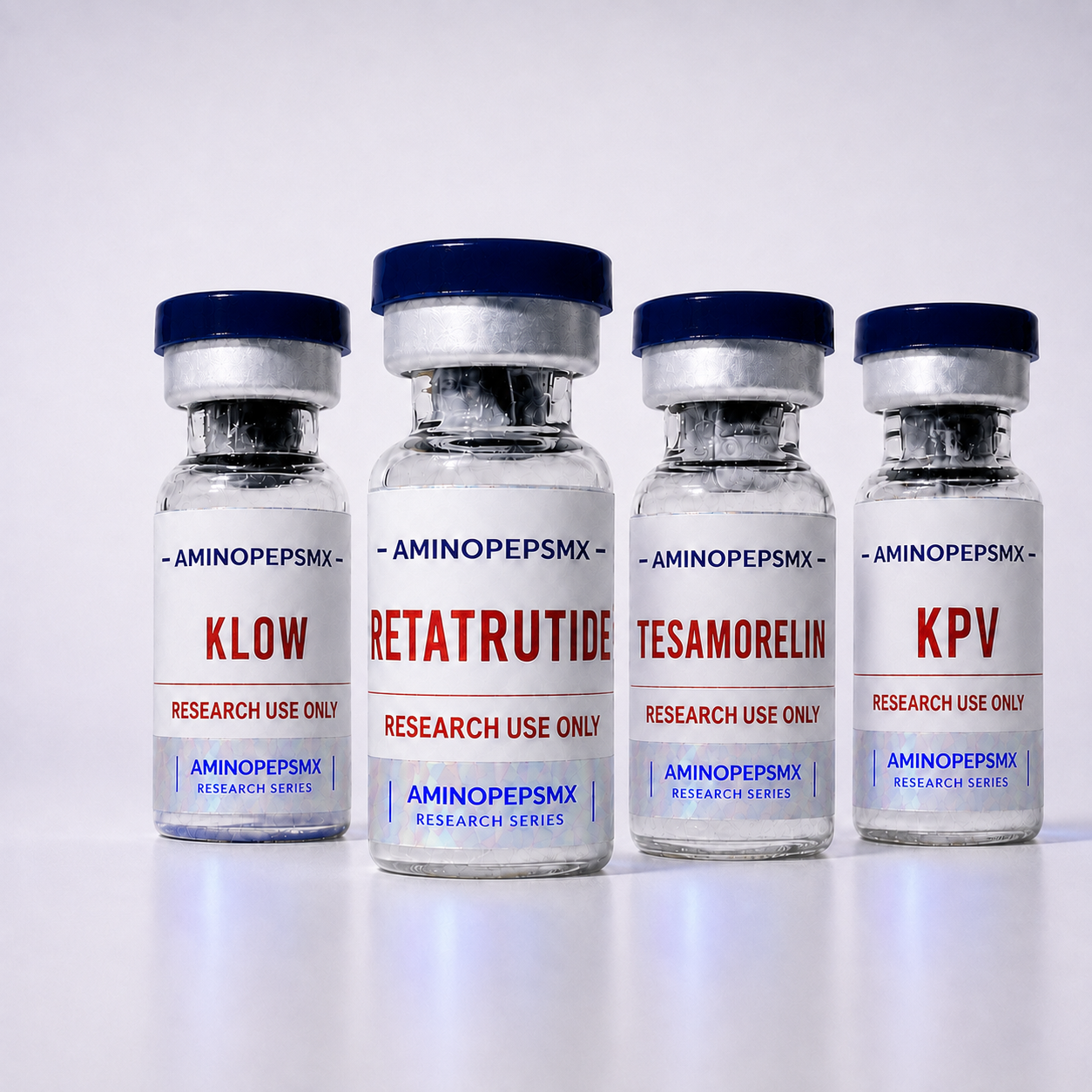 Viales AminopepsMX: Klow, Retatrutide, Tesamorelin y KPV